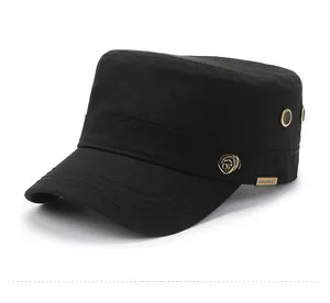 Detail of black military flat top hat showing side metal vents and fabric texture