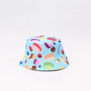 Reversible bucket hat with light blue macaron and fruit print for outdoor sun protection