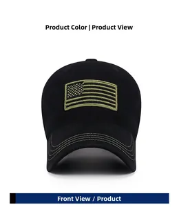 Front view of black cotton baseball cap with green tactical American flag embroidery