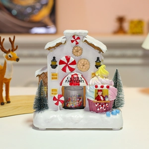 Lighted musical Christmas candy house miniature ornament with rotating candy factory design