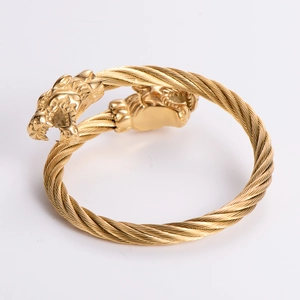 Adjustable golden stainless steel leopard head cable cuff bracelet with braided texture
