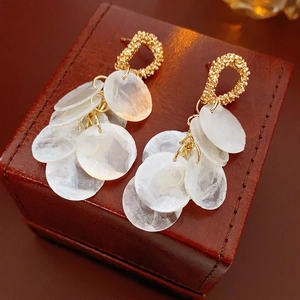 Round Shell Tassel Drop Earrings With Silver Earring Post Alloy Geometric Chic Accessories For Women Vacation