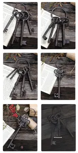 Macro detail of vintage cast iron key ring with rustic texture on aged wood background