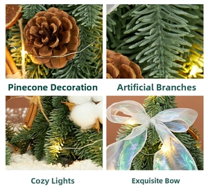 Dettagli di pigne, luci LED e fiocco su un albero di Natale in feltro decorativo