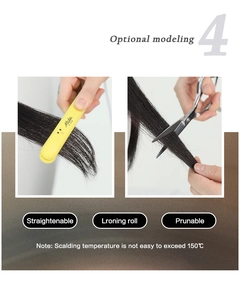 Detail of blonde wig styling tools showing heat resistance up to 150°C and trimming