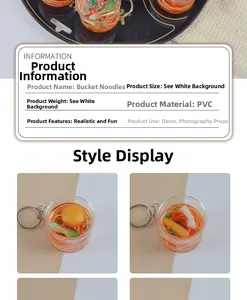 Miniature instant beef noodle keychain detail with PVC food models in a clear barrel