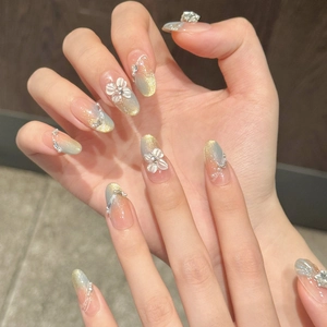 Cat eye gradient press-on nails with 3D floral accents and pearl details