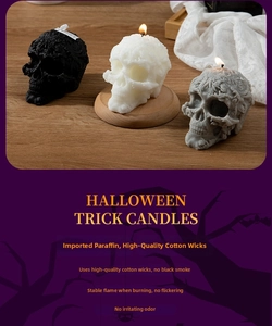 Detailed relief patterns on skull-shaped Halloween candles with premium cotton wicks
