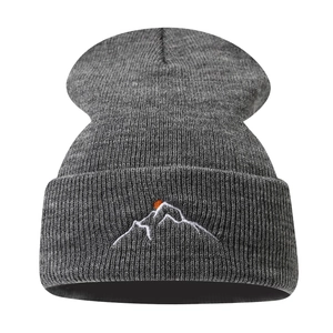 Dark grey knitted beanie with mountain sunset embroidery for outdoor winter wear