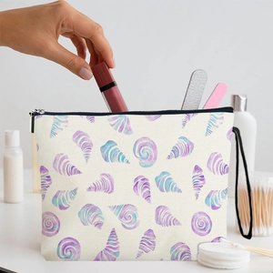 Shell print canvas makeup bag with zipper closure and portable lanyard for women