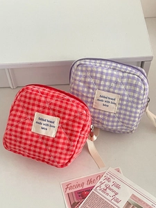 Monedero de Algodón Acolchado de Cuadros para Mujer Color Baya Bolsa de Almacenamiento de Toallas Sanitarias Portátil con Cremallera