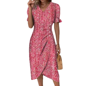 Pink floral midi dress with V-neck, ruffle sleeves and irregular hem on white background