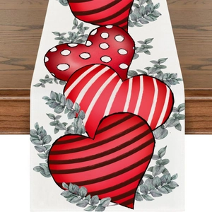 Valentine Red Heart Table Runner Linen Rustic Farmhouse Style Printed Heart Polka Dot Stripe For Party Wedding Table Decor