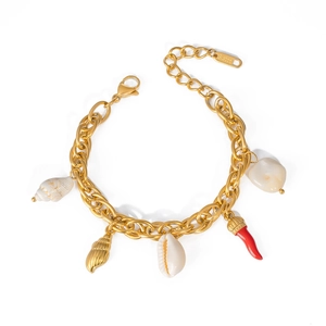 Detail of stainless steel link bracelet with gold shell, conch and red chili pendants
