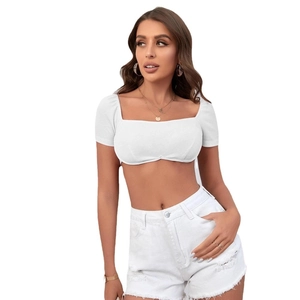 Slim fit white ribbed crop top and denim shorts set for women's casual summer fashion