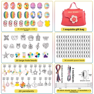 Detail view of pink DIY jewelry set with colorful beads, pendants and portable storage bag