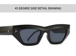 45-degree side view of black cat-eye sunglasses with metal rivets and dark gray lenses