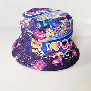Close-up of retro Y2K graffiti print bucket hat with colorful Boom patterns