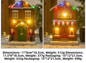 Detail view of resin Christmas toy and candy shop miniatures with warm LED glowing lights