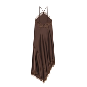 Close-up of silk satin fabric with delicate lace trim on a dark brown halter dress