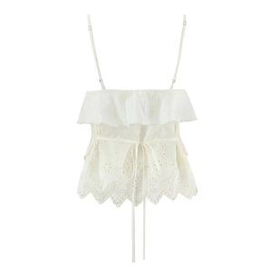 White French style camisole with tiered ruffles and floral eyelet embroidery details