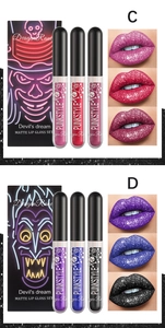 Detailed swatches of matte glitter lip gloss set in punk gothic purple and black shades