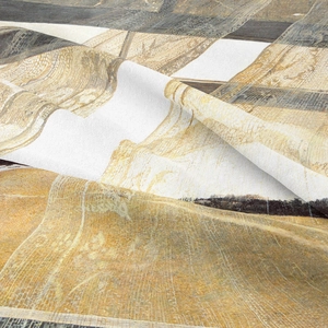 Macro view of woven tapestry fabric showing abstract oil painting style and twill texture