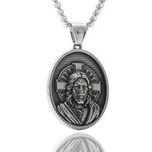Detail of silver stainless steel Jesus portrait relief pendant with polished finish