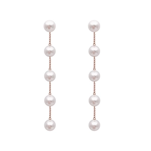 Elegant long rose gold earrings featuring a vertical five-pearl tassel design on white background