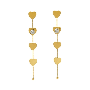 Detail of 18K gold-plated tassel earrings with heart motifs and sparkling zircon accents