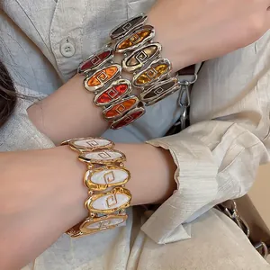 Vintage Wide Alloy Bracelet With Enamel Drip Oil Geometric Greek Key Pattern Elastic Oval Spliced Retro Bangle For Women