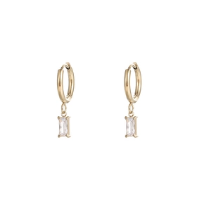 Minimalist gold hoop earrings featuring a hanging rectangular cubic zirconia pendant
