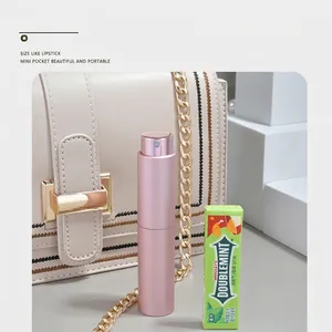 Pink 10ml metal refillable perfume atomizer compared to gum for portable travel size