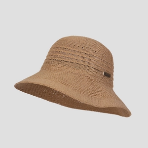 Detail of khaki breathable knit sun hat featuring fine texture and metal logo plaque