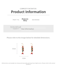 Détail de boucles d'oreilles poisson vintage en émail rouge, vert, bleu avec dimensions