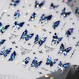 Butterfly Nail Art Stickers Laser Holographic Aurora Blue Ultra Thin Self Adhesive Manicure Decals DIY Star Moon Design