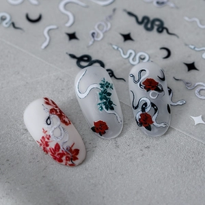 Gothic nail art stickers with red roses and snakes in matte and glossy textures