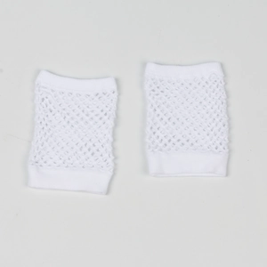 Detail view of white fishnet fingerless gloves with a breathable mesh structure