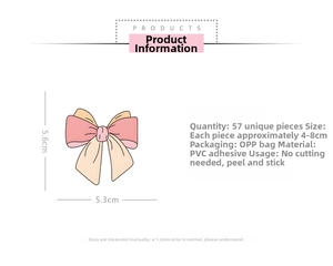 Waterproof pink PVC coquette bow stickers set of 57 pieces with 4-8cm size details