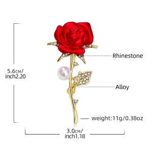 Elegant red rose brooch featuring rhinestone accents, alloy leaf and 5.6cm drop oil finish