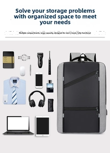 Flat lay of business backpack compartments showing high storage capacity for laptop and gear