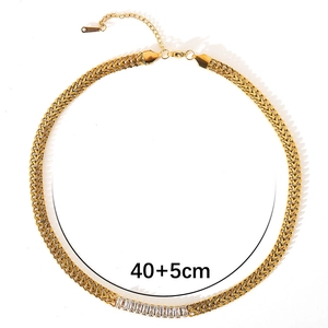 Titanium steel gold flat chain necklace with baguette cut cubic zirconia, 40+5cm length