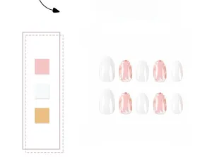 Detail of short oval press-on nails featuring solid white and pink floral designs with gold foil