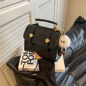 Vintage PU Leather Crossbody Bag For Women Small Square Handbag With Gold Hardware And White Plush Monster Charm Pendant