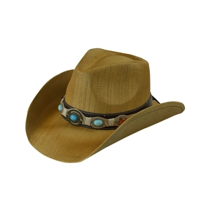 Western style straw cowboy hat with turquoise leather band decoration on white background