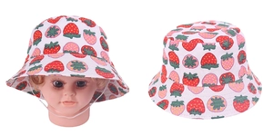Detail view of white toddler sun hat with red strawberry prints and elastic chin strap