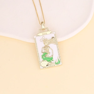 18K gold tarot card square pendant necklace with The Empress engraving and green enamel