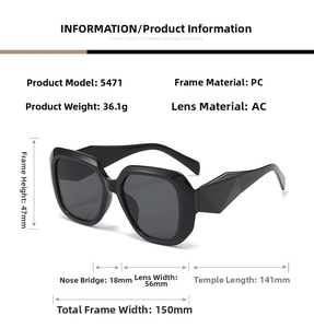 Detailed specs of square oversized sunglasses with PC frame and AC lens model 5471
