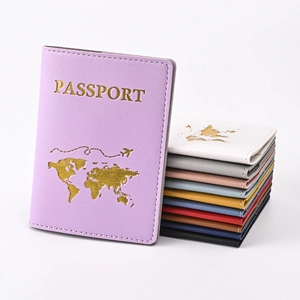 Detailed display of colorful PU leather passport covers with gold foil world map prints