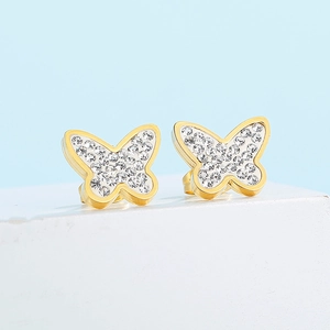 Close-up of gold butterfly stud earrings featuring micro-pave white zircon crystals